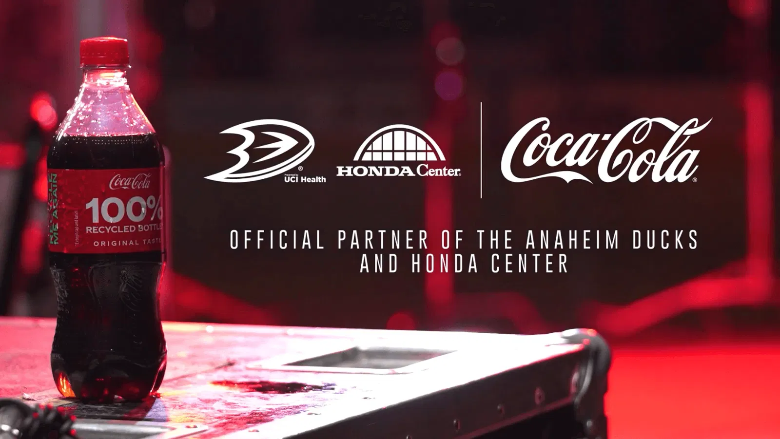 The Coca-Cola banner about the official partnership with the Anaheim Ducks and the Honda Center