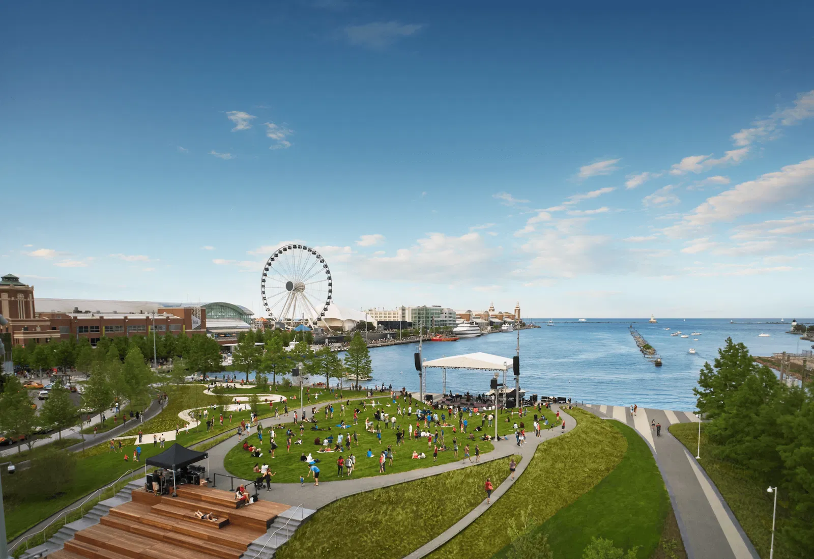 Overview photo of event at Navy Pier: green grass, stage, sun, sea and ferris wheel at the background