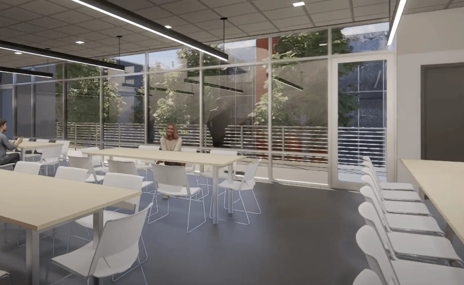 Dining room concept. Gray floor, panoramic windows, and long white tables for 8 people