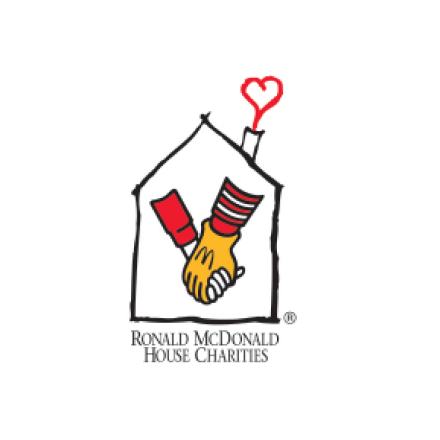 Logo of the Ronald McDonald House Charities, featuring the iconic character and supporting families with sick children